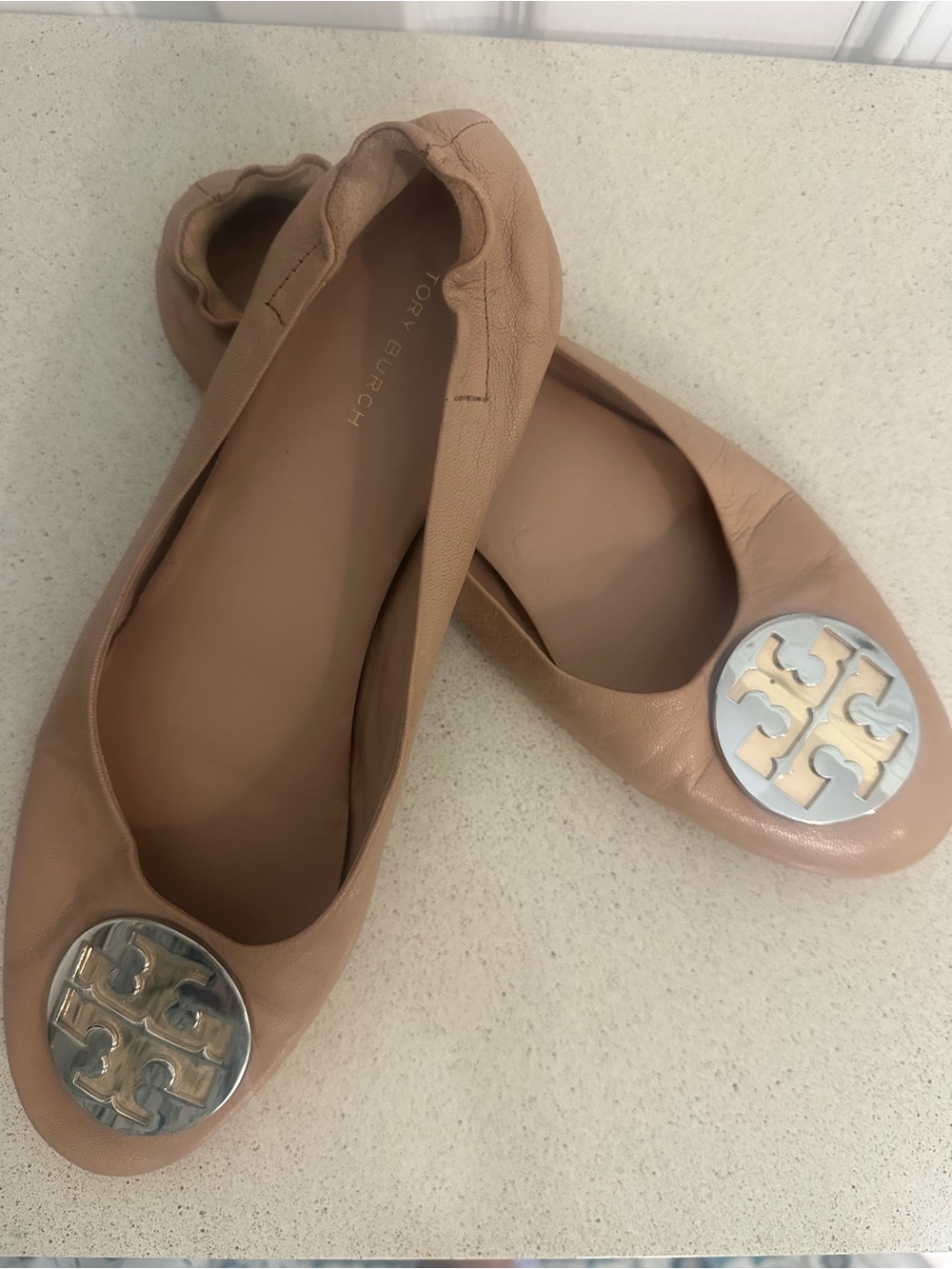 Tory Burch Minnie Travel Ballet Flats Nude Leather Women’s Size 8.5